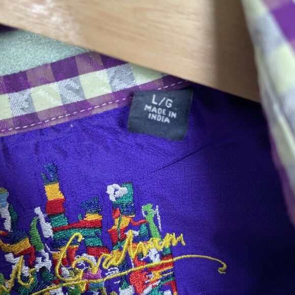 Robert Graham Shirt Mens L Large Long Sleeve Purple Plaid Embroidered Flip Cuff - Picture 12 of 15